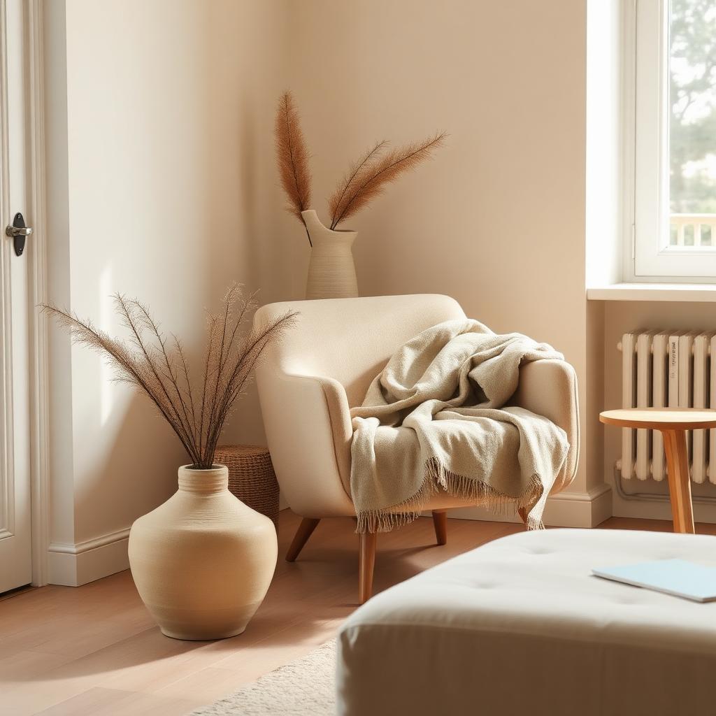 Warm Scandinavian living room corner with a ceramic vase, linen throw and wooden side table