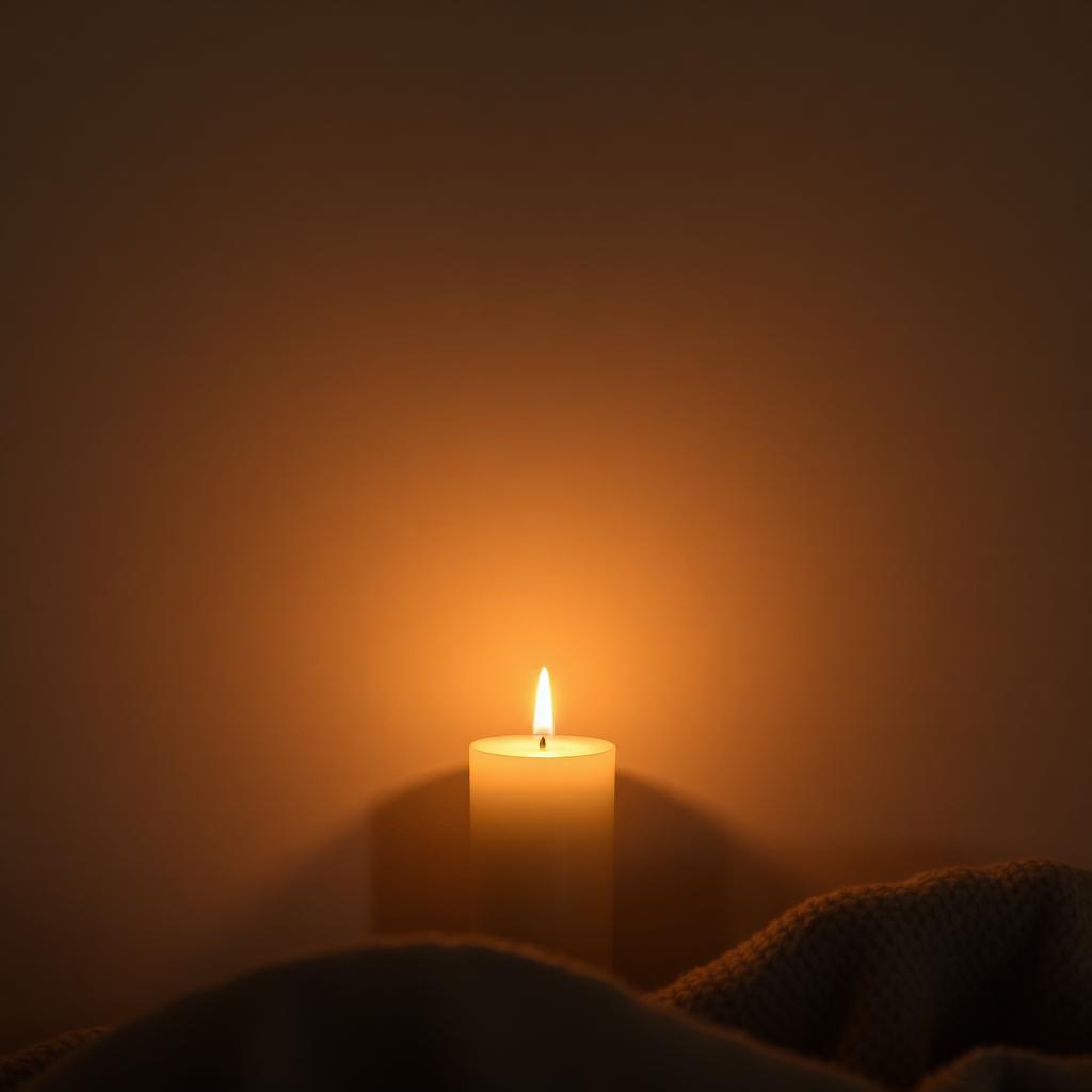Lit ivory pillar candle glowing in a dim evening room