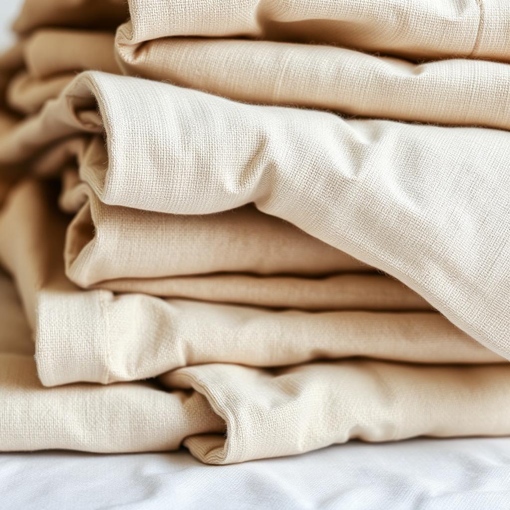 Close-up of folded stonewashed beige linen textiles