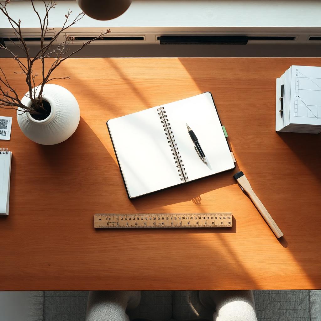 Overhead view of a minimal design studio desk with ceramic vase and notebook