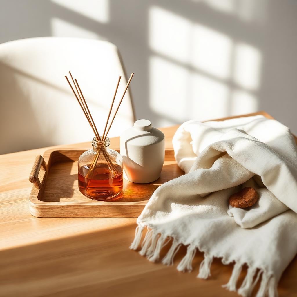 Still life of a ceramic vase, wooden tray and linen throw on an oak surface